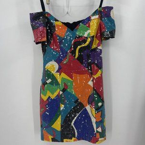 Vintage Expo Nite Dress Large Colorful Sequin Off The Shoulder Geometric READ